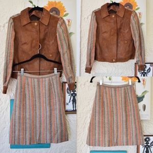 70s orange brown gray woven wool leather two piece jacket + skirt (XS)
